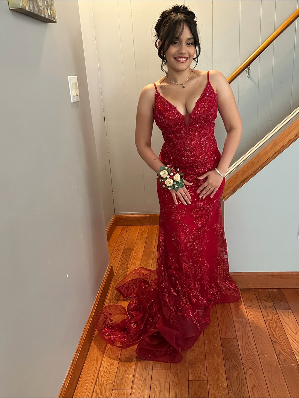 ellie wilde Red Beaded Lace Prom Gown with Plunging V-Necklaces